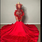 Sexy Red Crystal Feather Prom Dresses Mermaid Sheer Velevt Mermaid Senior Evening Gowns Night Party For Black Haute