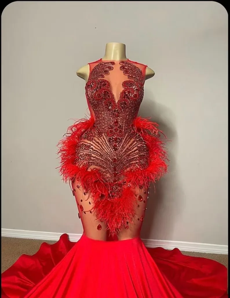 Sexy Red Crystal Feather Prom Dresses Mermaid Sheer Velevt Mermaid Senior Evening Gowns Night Party For Black Haute