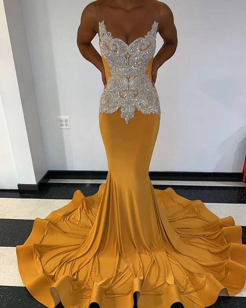 Yellow Prom Dresses Luxurious crystal sheer tulle prom dresses sleeveless,evening gowns,mermaid prom dress ,eception dress, fairy prom dress