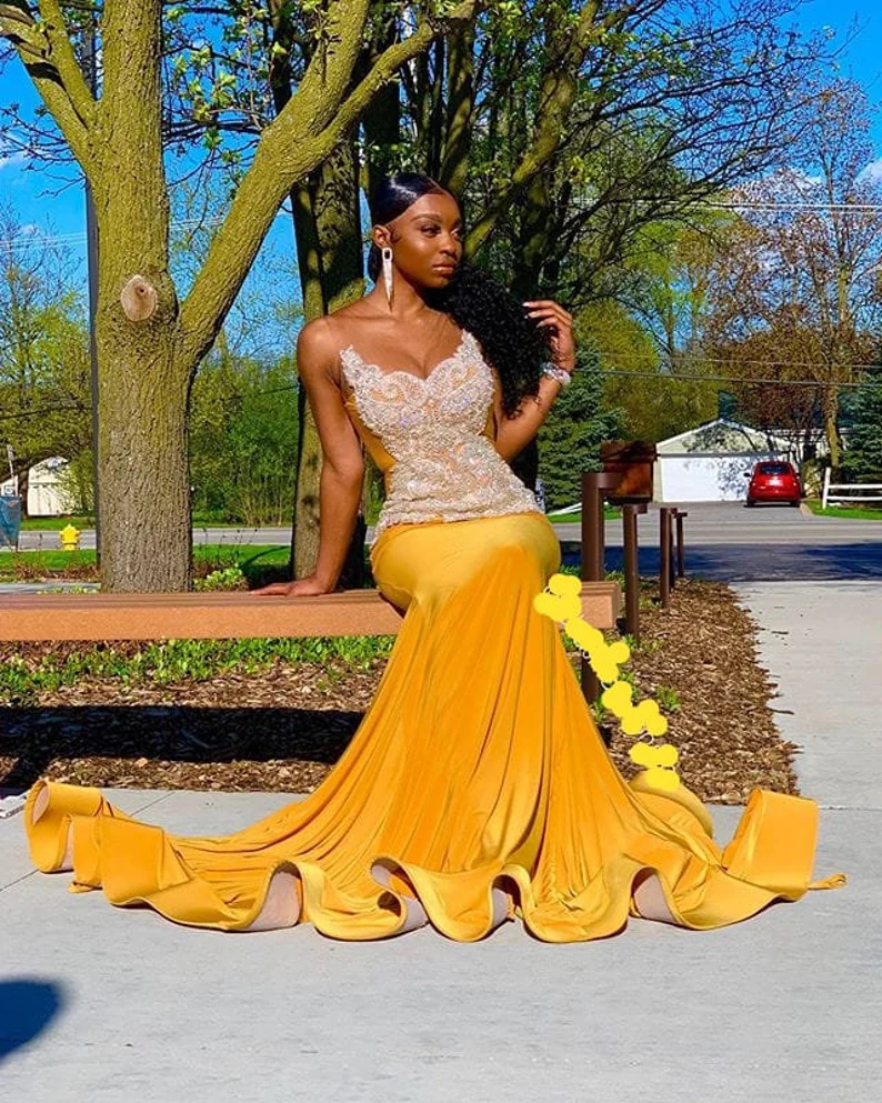 Yellow Prom Dresses Luxurious crystal sheer tulle prom dresses sleeveless,evening gowns,mermaid prom dress ,eception dress, fairy prom dress