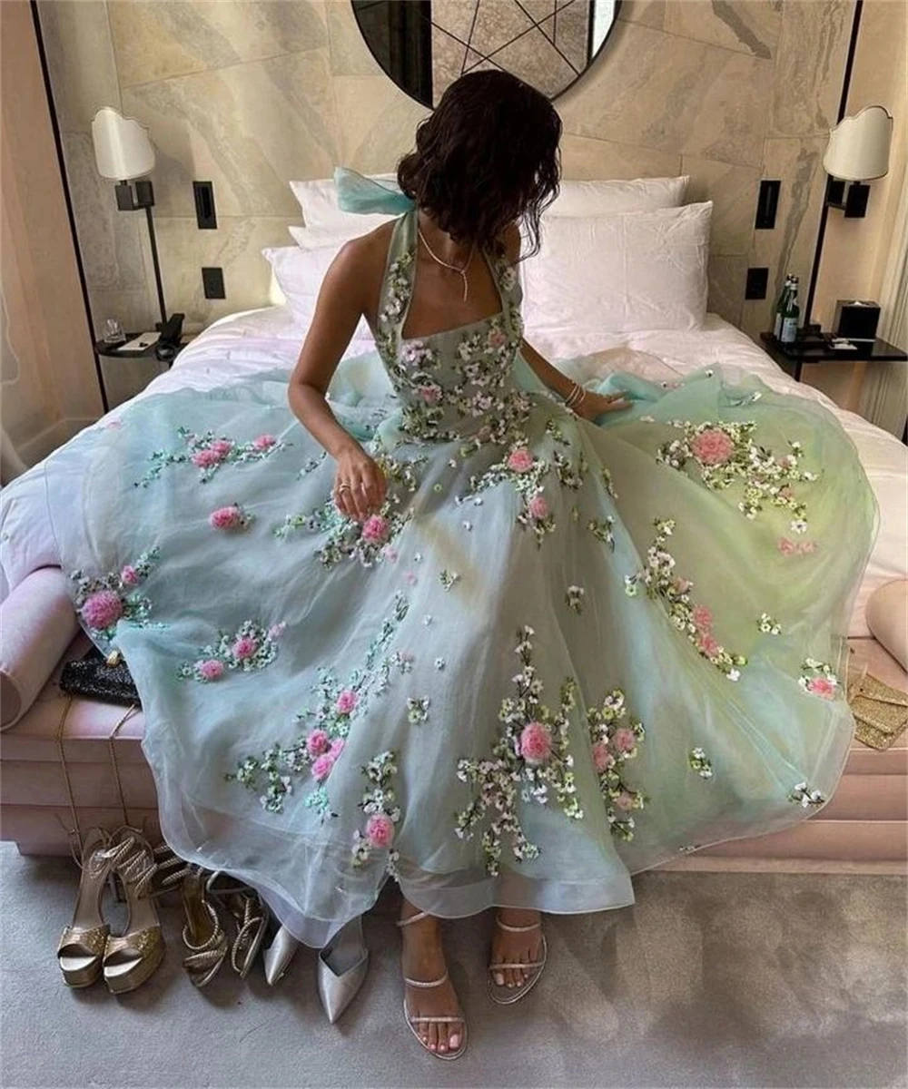 Sexy Halter Ball gown Cocktail Evening Flowers Fold Soutache Chiffon Prom Dresses luxury evening dresses for women