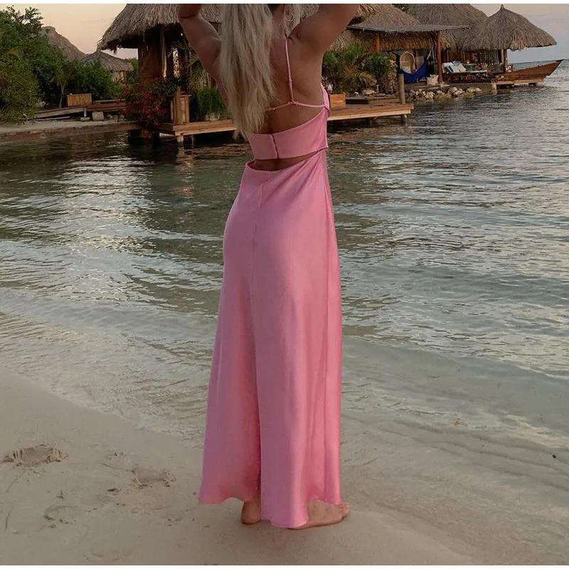 Pink Camis Satin Long Dresses Elegant Sleeveless Slip Holiday Party Dresses Sexy Casual Backless Summer Dresses Women