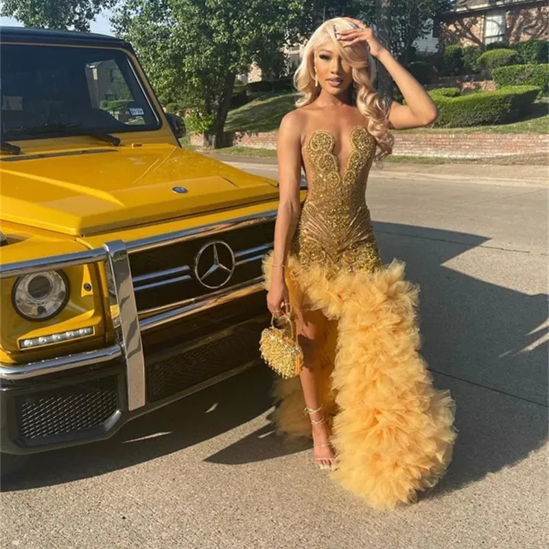 Charming Gold Crystal Prom Dresses Beads Ruffle Tutu Skirt Rich Girls Formal Evening Gowns Maxi Birthday Party