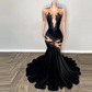 Elegant Black Velvet Mermaid Evening Gowns See Thru Mesh Appliques Lace Prom Dress Aso Ebi Black Girls Party Dress Custom Made