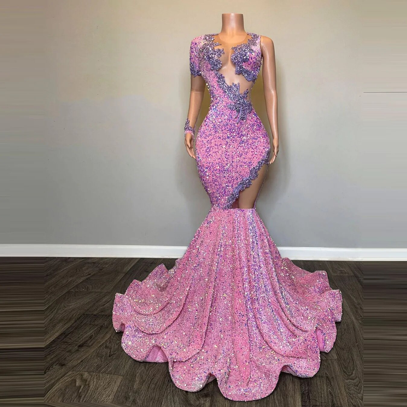 Charming Pink Sequin Mermaid Prom Dresses One Shoulder Long Sleeves Aappliques See Thru Hollow Out Women Trumpet Evening Gowns