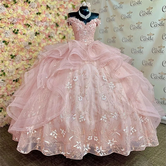 Coral Princess Quinceanera Dresses Princess 3D Flowers Ball Gown Birthday Gown Tulle Lace-Up Sweet 16 Dresses vestidos de 15