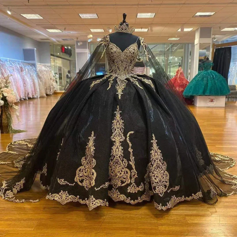 Gorgeous Black Quinceanera Dresses Gold Applique Ball Gown Princess Birthday Party Sweet 16 vestidos de 15 With Cape Gothic