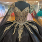 Gorgeous Black Quinceanera Dresses Gold Applique Ball Gown Princess Birthday Party Sweet 16 vestidos de 15 With Cape Gothic