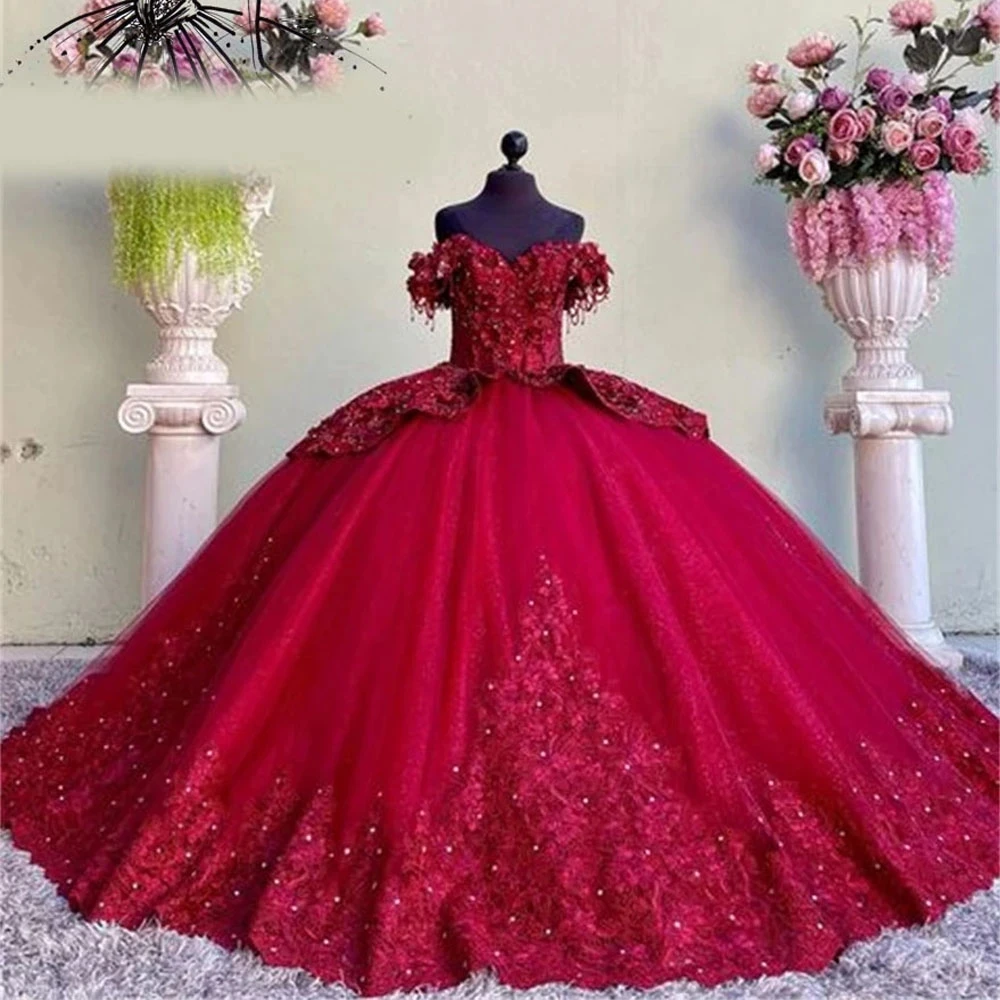 New Dark Red Off Shoulder Corset Ball Gown Quinceanera Dresses Beaded Appliques Formal Prom Birthday Gowns Princess Sweet 16 15