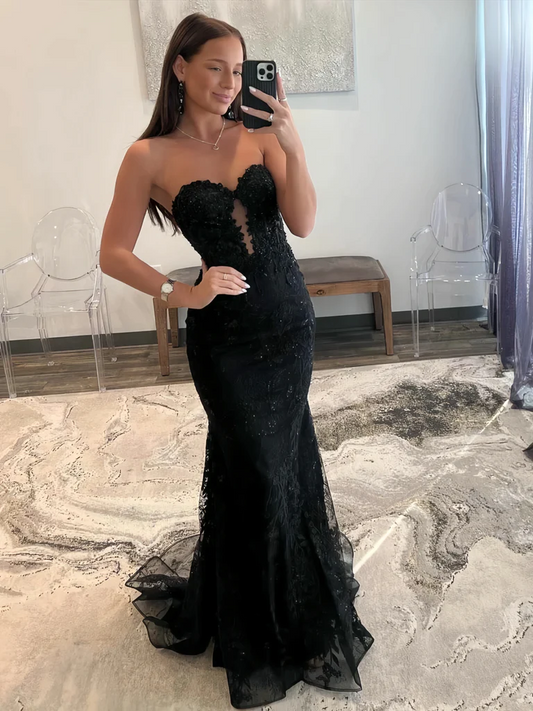 TULLE LACE BLACK SEE THROUGH TRUMPET MERMAID PROM DRESS