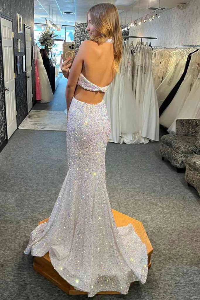 SEXY MERMAID SEQUIN WHITE CUT OUT PROM DRESS