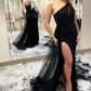 BLACK SEQUIN ONE SHOULDER PROM DRESS WITH DETACHABLE TRAIN