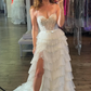 A LINE WHITE TULLE LAYERED PROM DRESS WITH SLIT