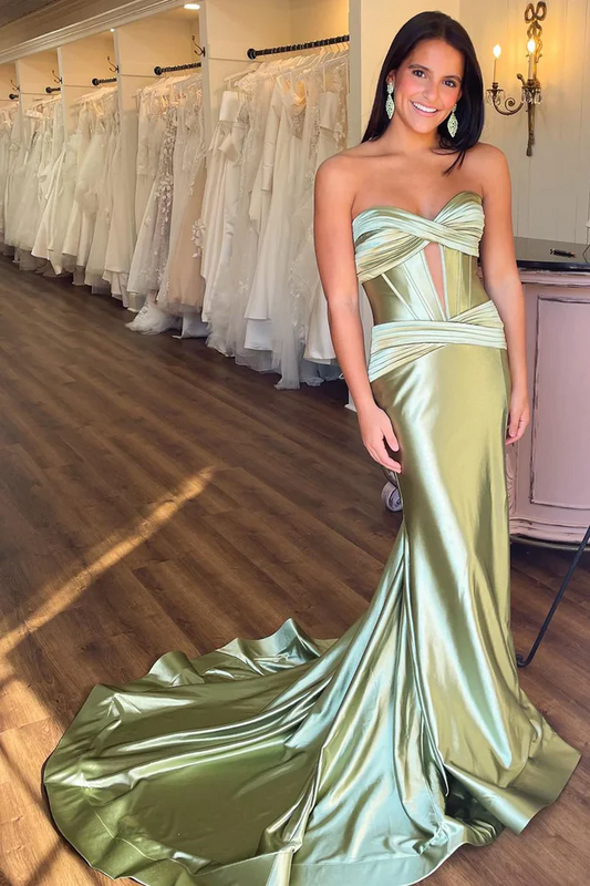 OLIVE GREEN SATIN SLEEK KEYHOLE PROM DRESS