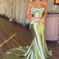 OLIVE GREEN SATIN SLEEK KEYHOLE PROM DRESS