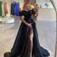 BEADING OFF SHOULDER BLACK SATIN PROM DRESS