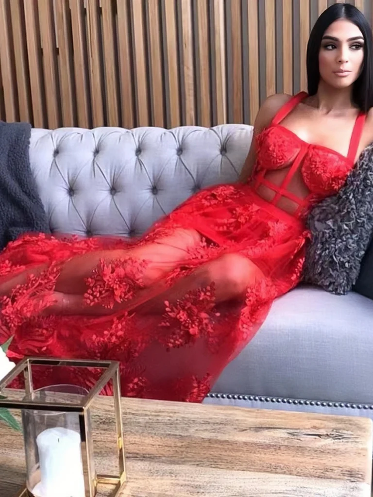 SEE THROUGH A LINE RED LACE LONG PROM DRESS