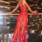 SEE THROUGH A LINE RED LACE LONG PROM DRESS