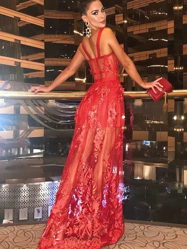 SEE THROUGH A LINE RED LACE LONG PROM DRESS