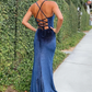 BACKLESS MERMAID NAVY BLUE VELVET PROM DRESS WITH HIGH SLIT