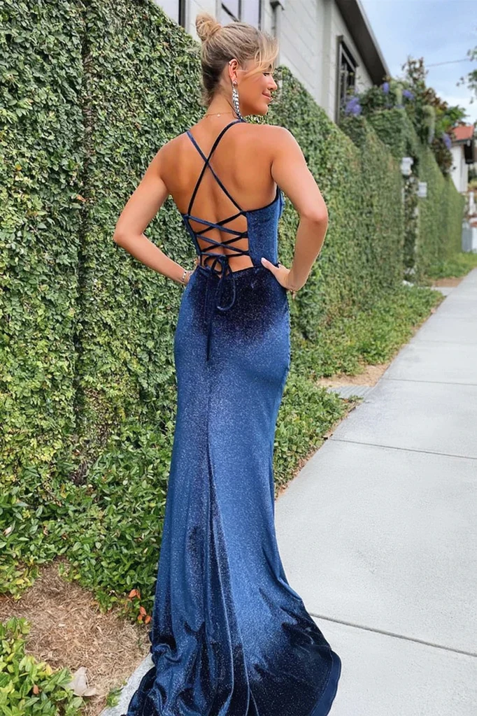 BACKLESS MERMAID NAVY BLUE VELVET PROM DRESS WITH HIGH SLIT