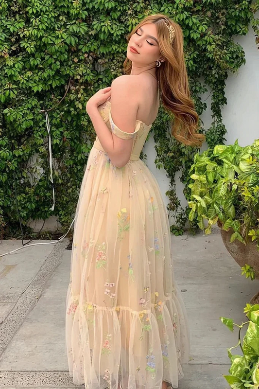 OFF THE SHOULDER YELLOW FLORAL TULLE PROM DRESS