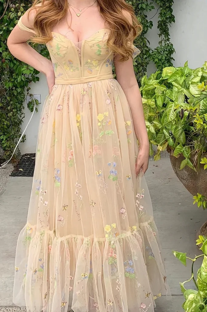 OFF THE SHOULDER YELLOW FLORAL TULLE PROM DRESS