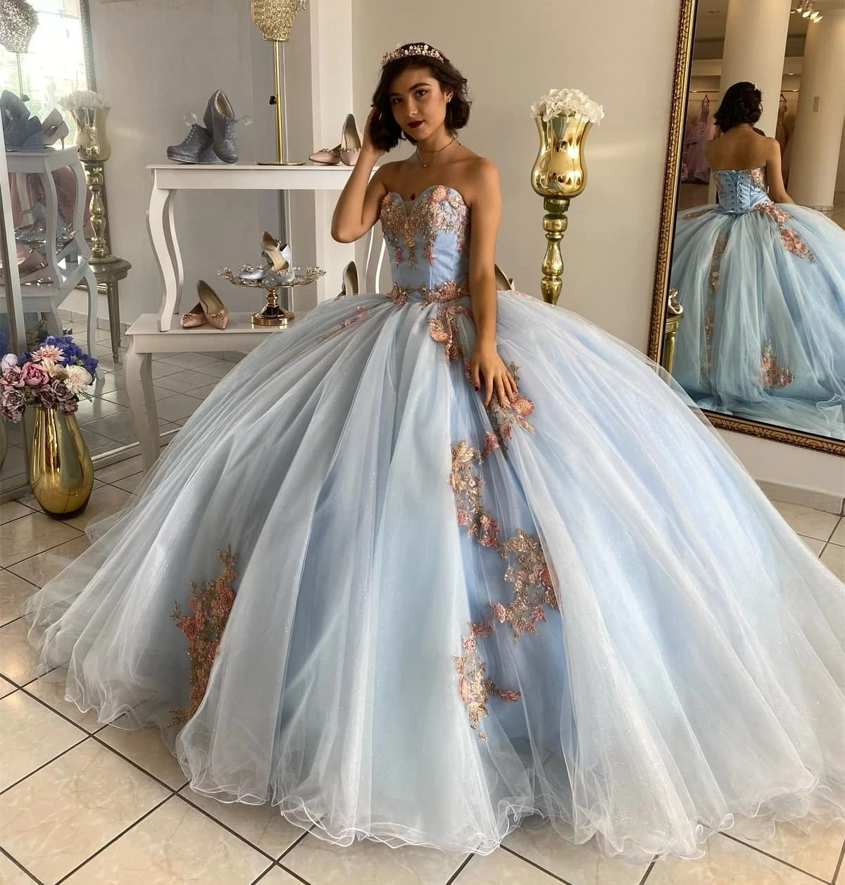 Sky Blue Princess Quinceanera Dresses Ball Gown Sweetheart Tulle Appliques Lace Sweet 16 Dresses 15 Años Custom