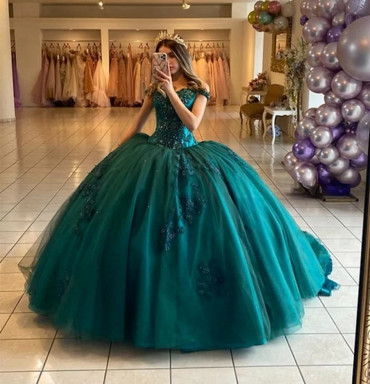 Teal Blue Princess Quinceanera Dresses Ball Gown Off The Shoulder Tulle Appliques Sweet 16 Dresses 15 Años Mexican