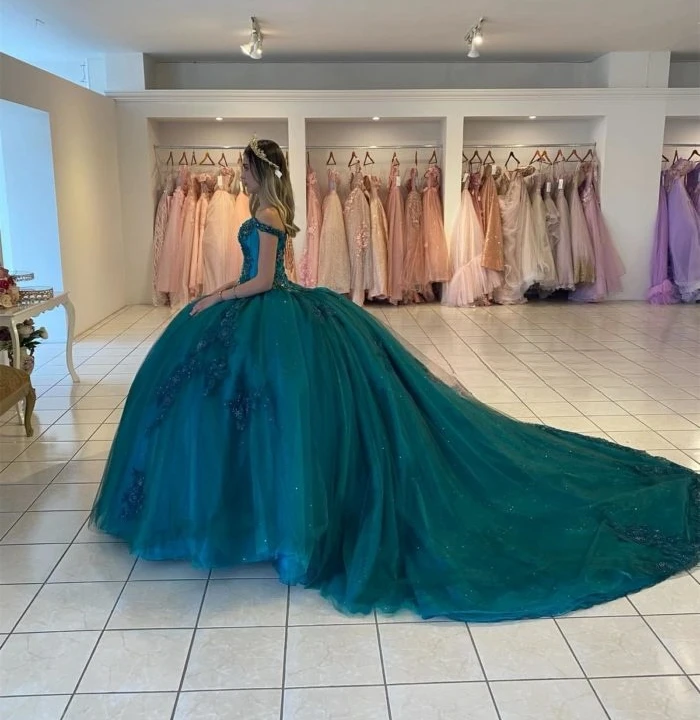 Teal Blue Princess Quinceanera Dresses Ball Gown Off The Shoulder Tulle Appliques Sweet 16 Dresses 15 Años Mexican