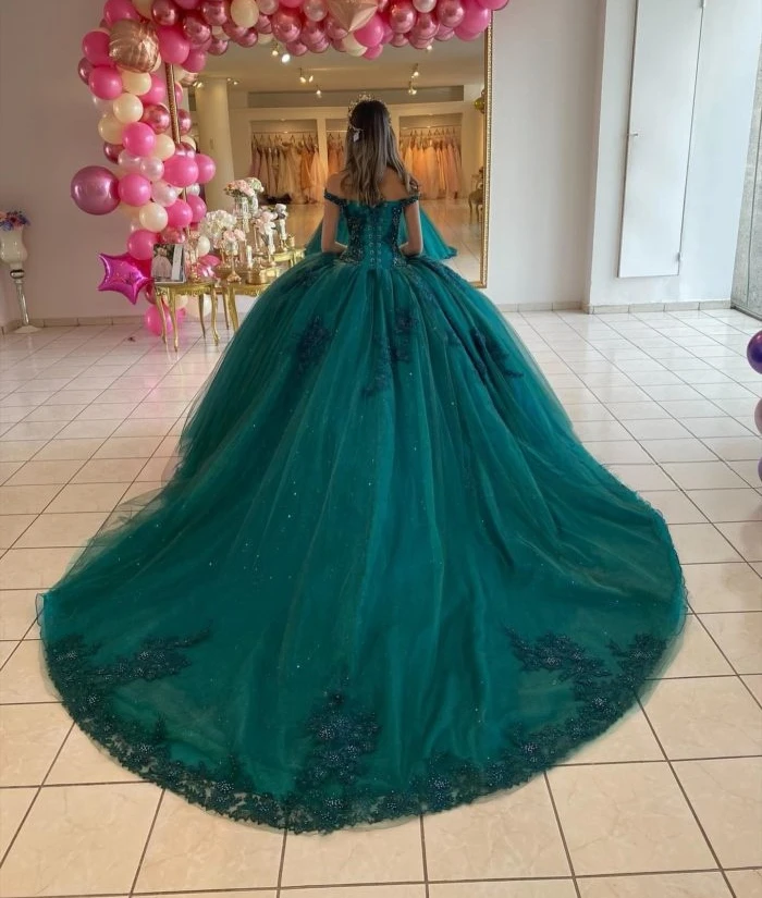 Teal Blue Princess Quinceanera Dresses Ball Gown Off The Shoulder Tulle Appliques Sweet 16 Dresses 15 Años Mexican