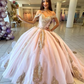 Champagne Princess Quinceanera Dresses Ball Gown Off The Shoulder Tulle Appliques Sweet 16 Dresses 15 Años Mexican