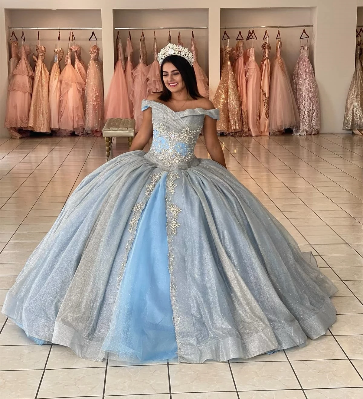 Sky Blue Quinceanera Dresses Ball Gown Off The Shoulder Sequins Beaded Sweet 16 Dresses 15 Años Mexican