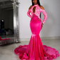 Pink Long Sleeves Long Black Girls Prom Dresses Mermaid Style Appliques Lace Prom Gowns Evening Party