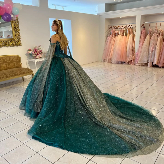 Teal Blue Princess Quinceanera Dresses Ball Gown Off The Shouler Sequins Beaded Sweet 16 Dresses 15 Años Mexican