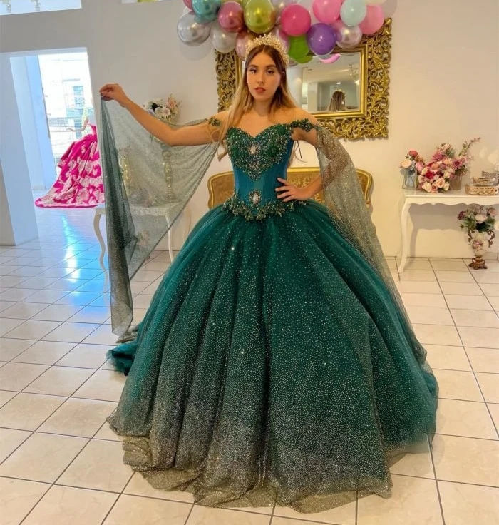 Teal Blue Princess Quinceanera Dresses Ball Gown Off The Shouler Sequins Beaded Sweet 16 Dresses 15 Años Mexican