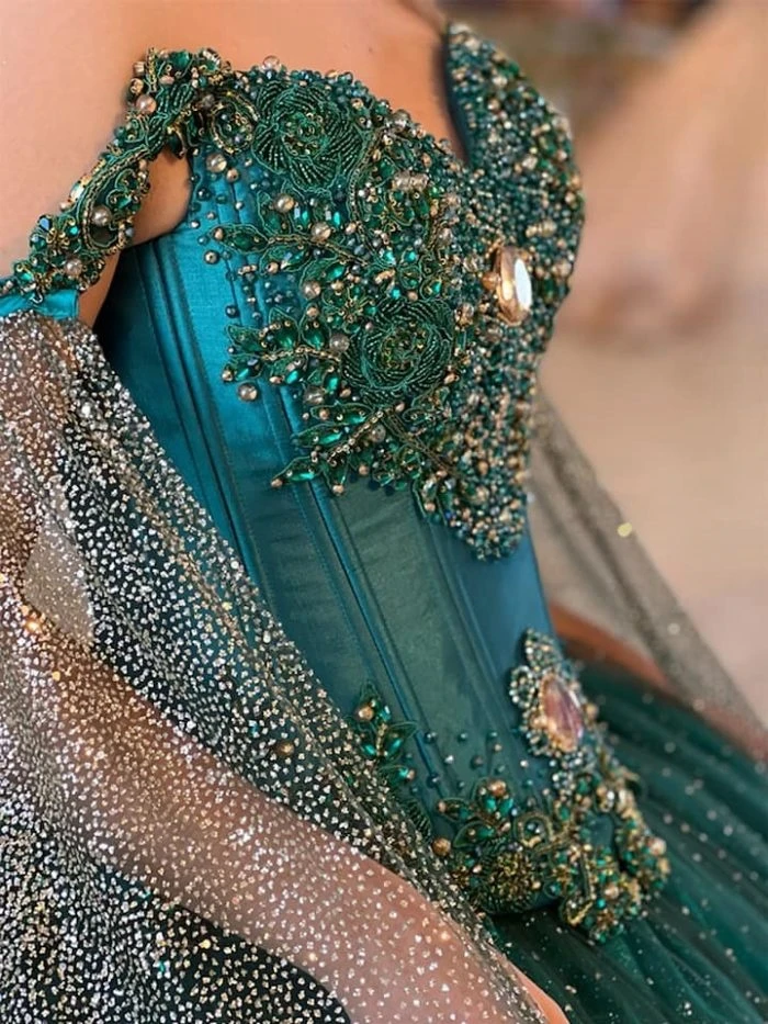 Teal Blue Princess Quinceanera Dresses Ball Gown Off The Shouler Sequins Beaded Sweet 16 Dresses 15 Años Mexican