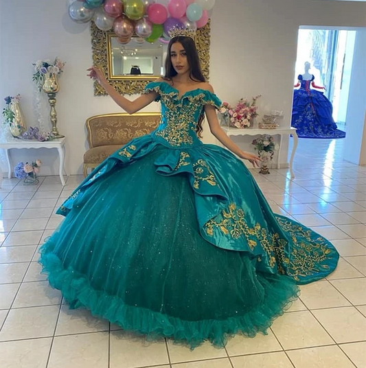 Teal Blue Princess Quinceanera Dresses Ball Gown Off The Shouler Appliques Sweet 16 Dresses 15 Años Mexican