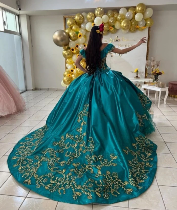 Teal Blue Princess Quinceanera Dresses Ball Gown Off The Shouler Appliques Sweet 16 Dresses 15 Años Mexican