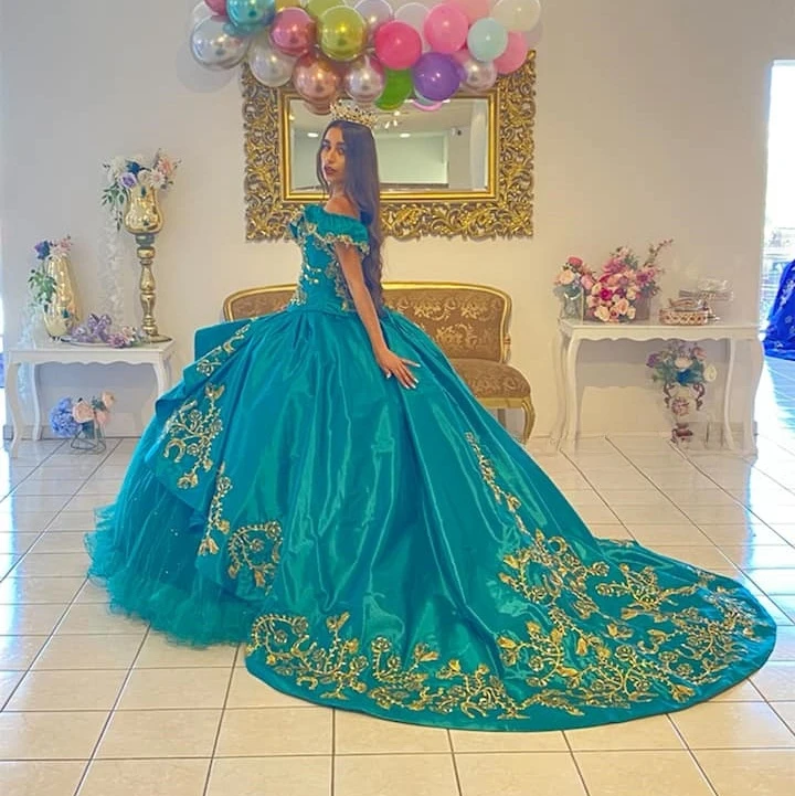 Teal Blue Princess Quinceanera Dresses Ball Gown Off The Shouler Appliques Sweet 16 Dresses 15 Años Mexican