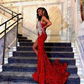 Red African Aso Ebi Evening Dresses Mermaid V-neck Sequined Beaded Slit Formal Party Gown Prom Dresses For Black Girls