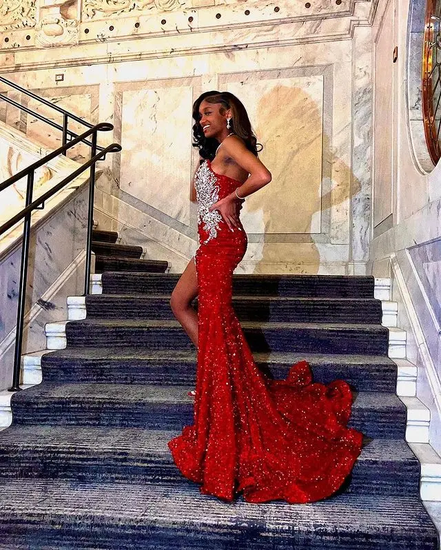 Red African Aso Ebi Evening Dresses Mermaid V-neck Sequined Beaded Slit Formal Party Gown Prom Dresses For Black Girls