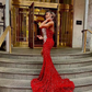 Red African Aso Ebi Evening Dresses Mermaid V-neck Sequined Beaded Slit Formal Party Gown Prom Dresses For Black Girls