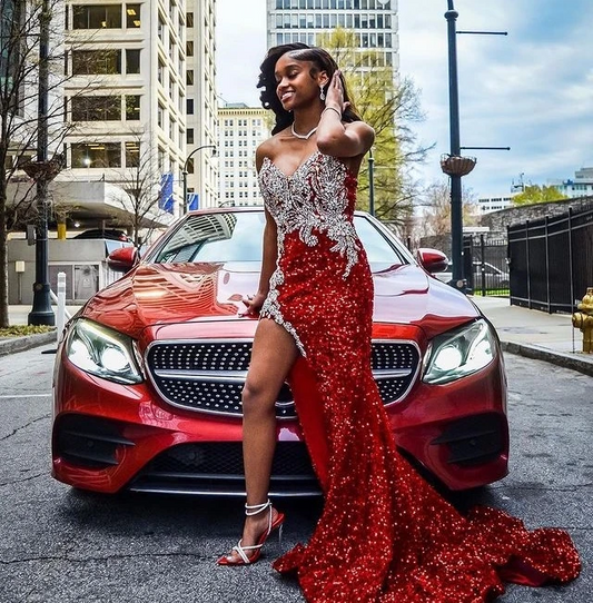 Red African Aso Ebi Evening Dresses Mermaid V-neck Sequined Beaded Slit Formal Party Gown Prom Dresses For Black Girls