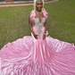 Pink African American Prom Dresses Mermaid Sheer Beaded Feather Black Girls Nigeria Robe De Soiree Evening Dress Gown