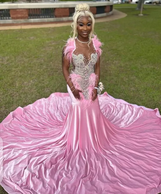 Pink African American Prom Dresses Mermaid Sheer Beaded Feather Black Girls Nigeria Robe De Soiree Evening Dress Gown