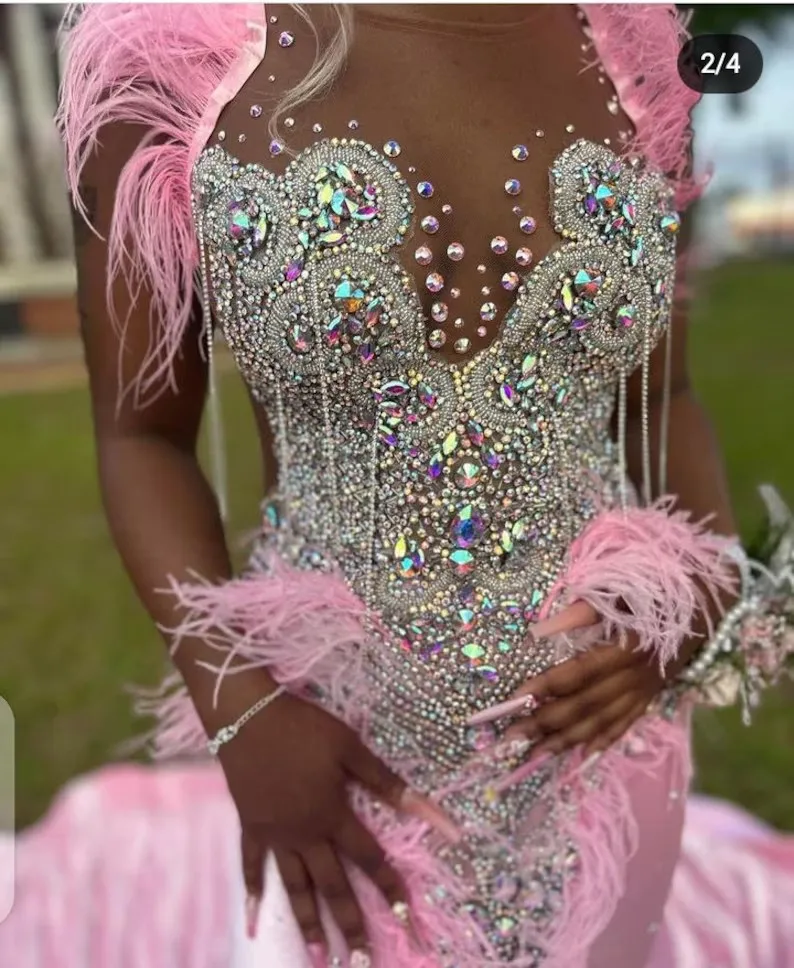 Pink African American Prom Dresses Mermaid Sheer Beaded Feather Black Girls Nigeria Robe De Soiree Evening Dress Gown