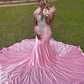 Pink African American Prom Dresses Mermaid Sheer Beaded Feather Black Girls Nigeria Robe De Soiree Evening Dress Gown