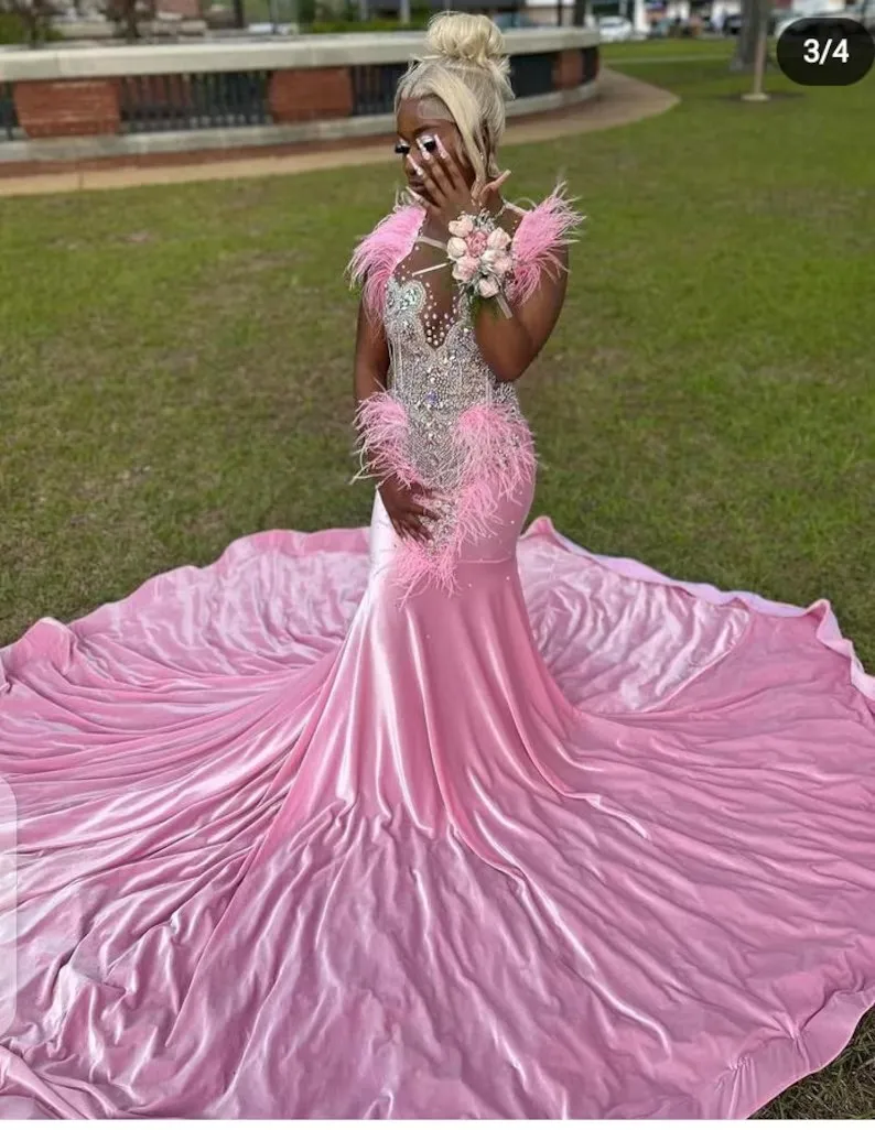 Pink African American Prom Dresses Mermaid Sheer Beaded Feather Black Girls Nigeria Robe De Soiree Evening Dress Gown