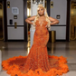 Orange African American Prom Dresses Mermaid Sheer Sequins Beaded Feather Black Girls Nigeria Robe De Soiree Evening Dress Gown